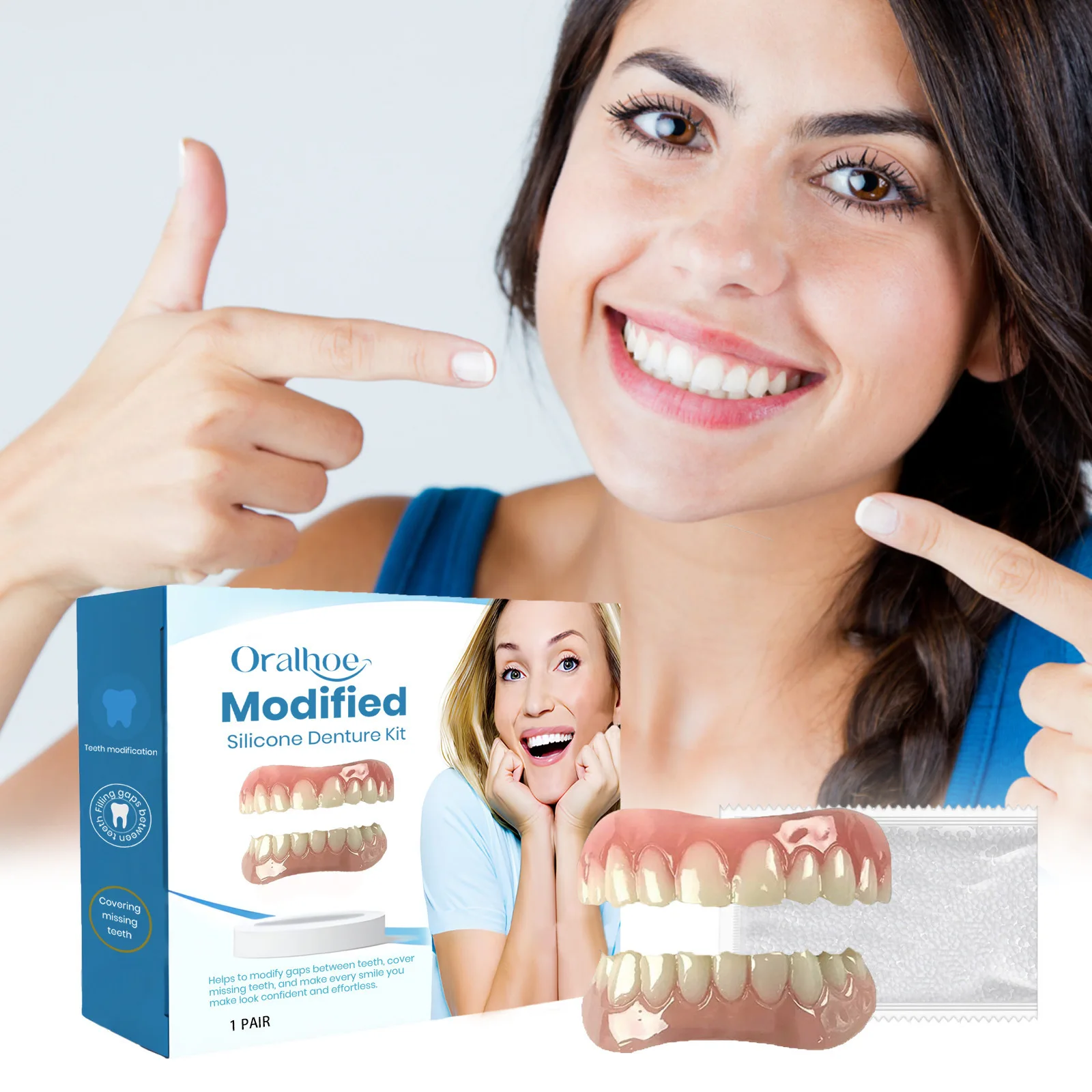 Oralhoe 1pair False Teeth Upper Lower Veneers Perfect Fit False Tooth Cover Oral Hygiene Care Silicone Reline Firm Instant Kit